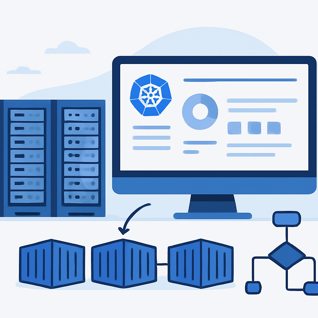 Modern data center with container orchestration and Kubernetes management interface