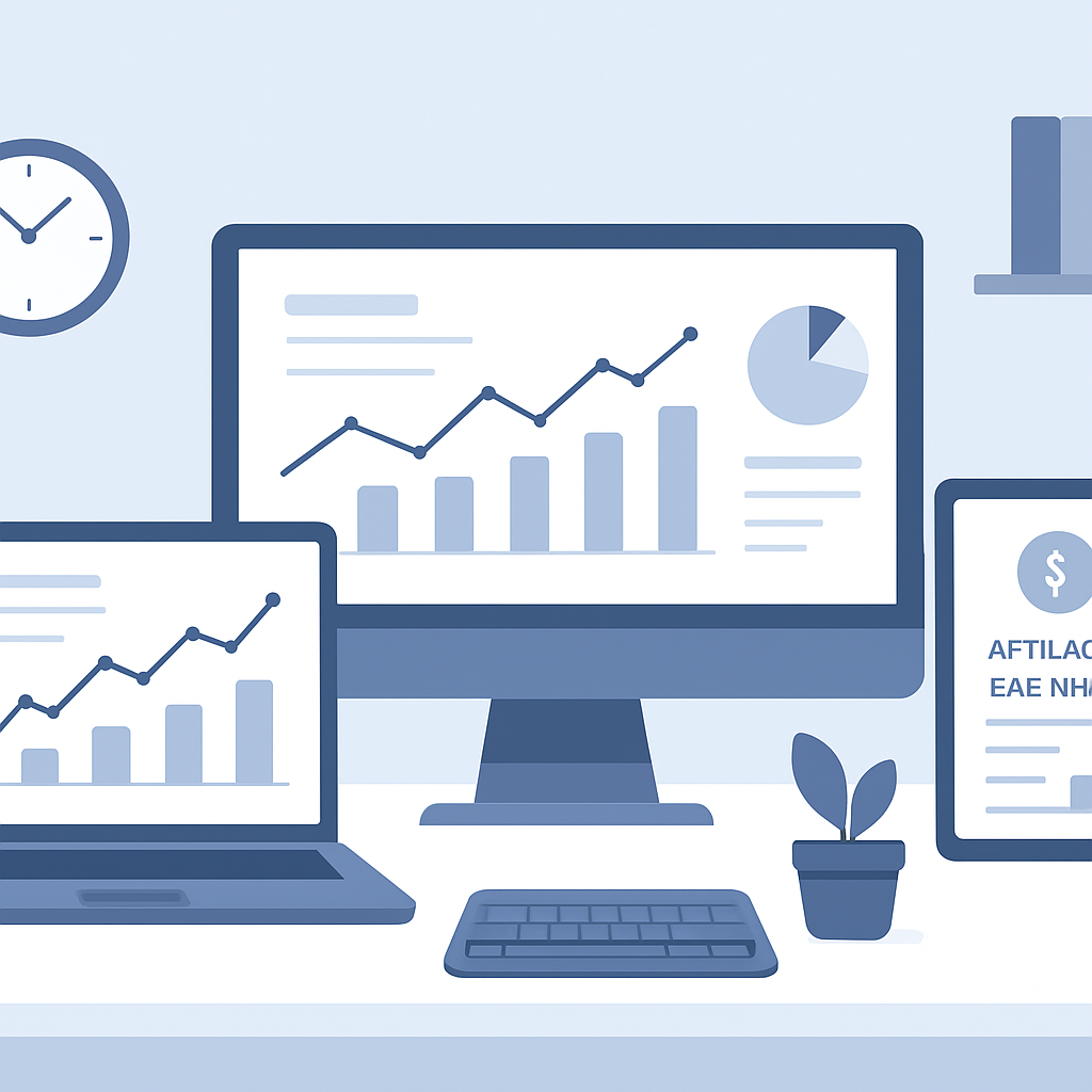 Tech blogger analyzing affiliate marketing performance on multiple monitors