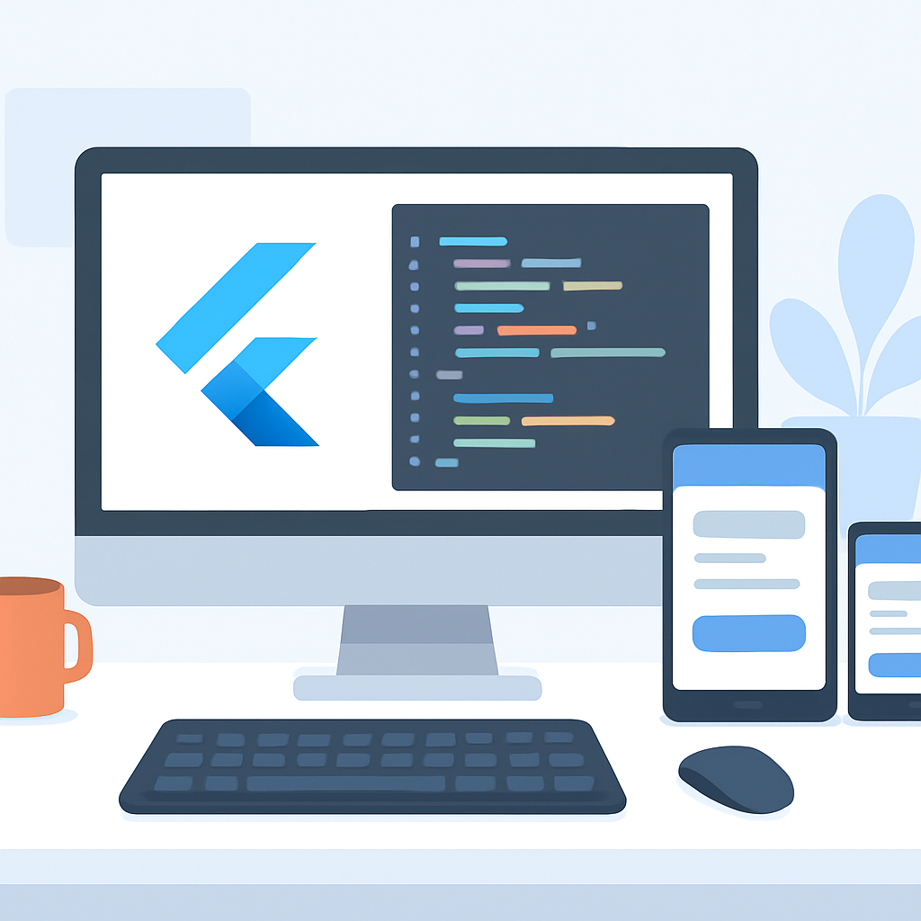 Flutter development environment with code editor and device simulators