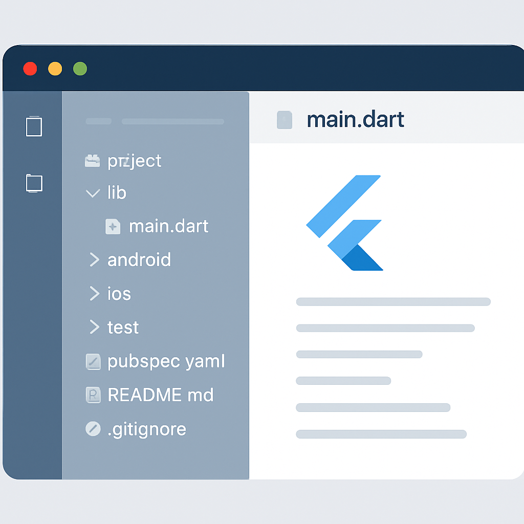 VS Code Flutter project file structure with main.dart open