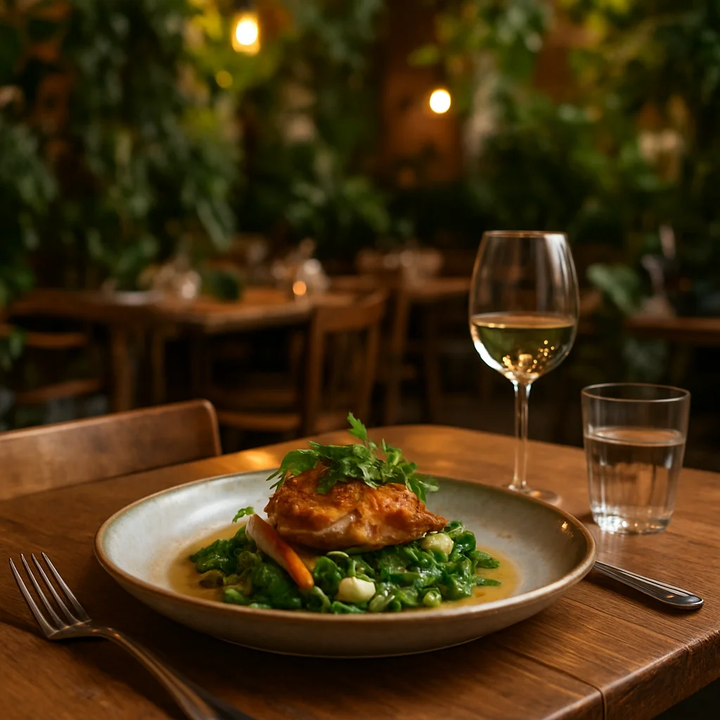 Interieur van De Groene Tafel, met rustieke inrichting en veel planten