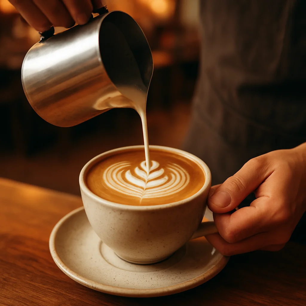 Barista making latte art in an independent coffee shop