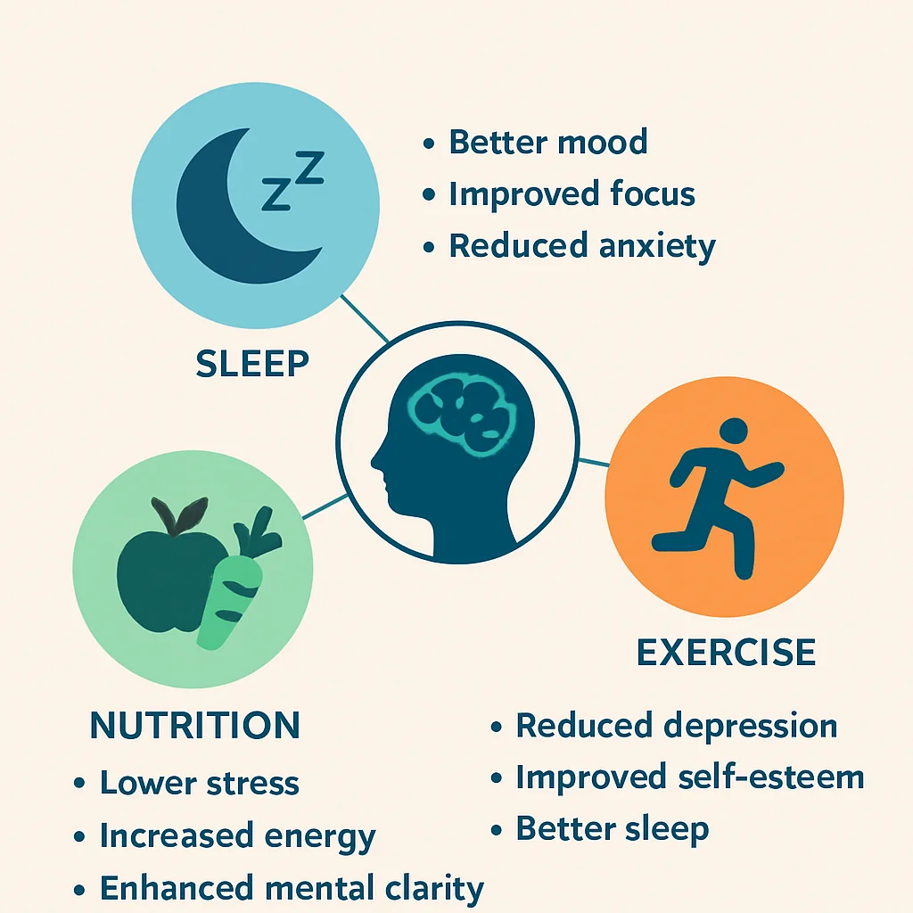 Infographic on sleep, nutrition, and exercise benefits for mental health