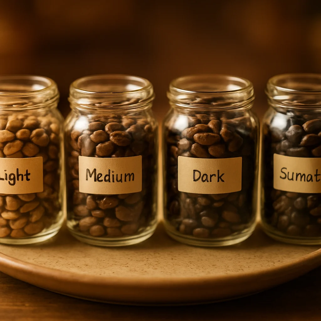 Different coffee bean varieties and roasts