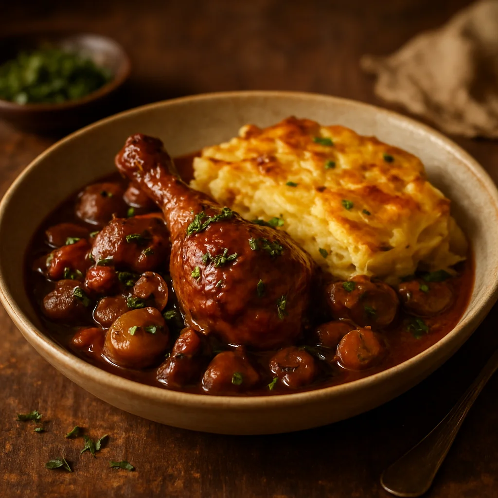 Classic French Coq au Vin with pommes dauphinoise