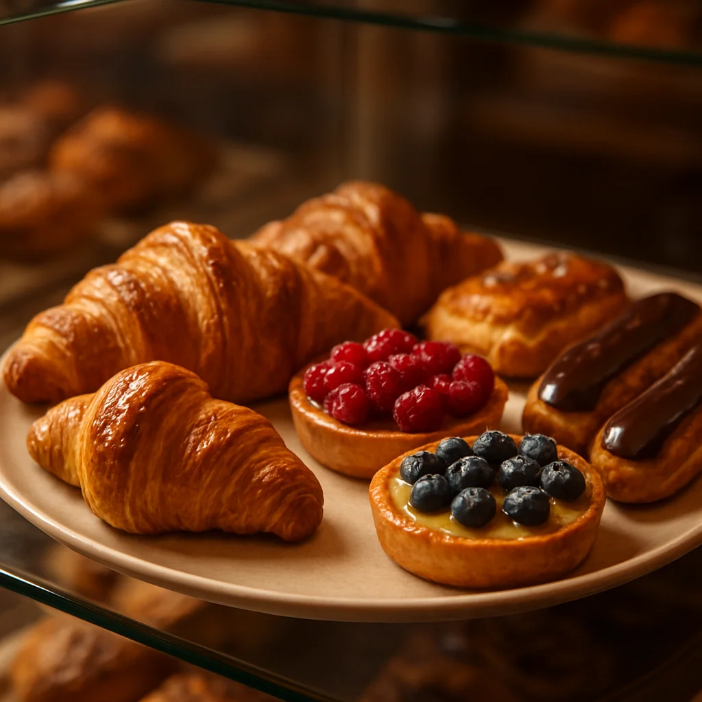 Handgemaakte patisserie in vitrine van ambachtelijke bakkerij