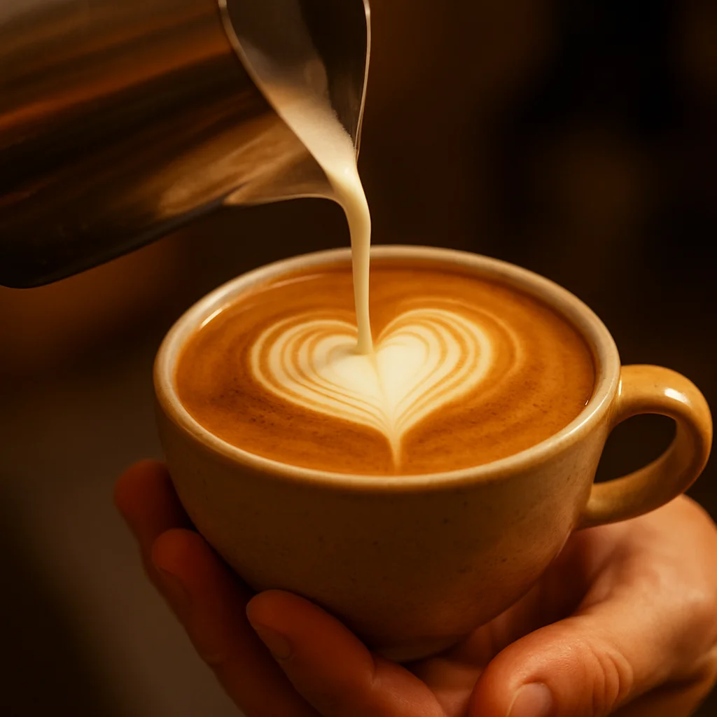 Latte art heart being poured into a cappuccino