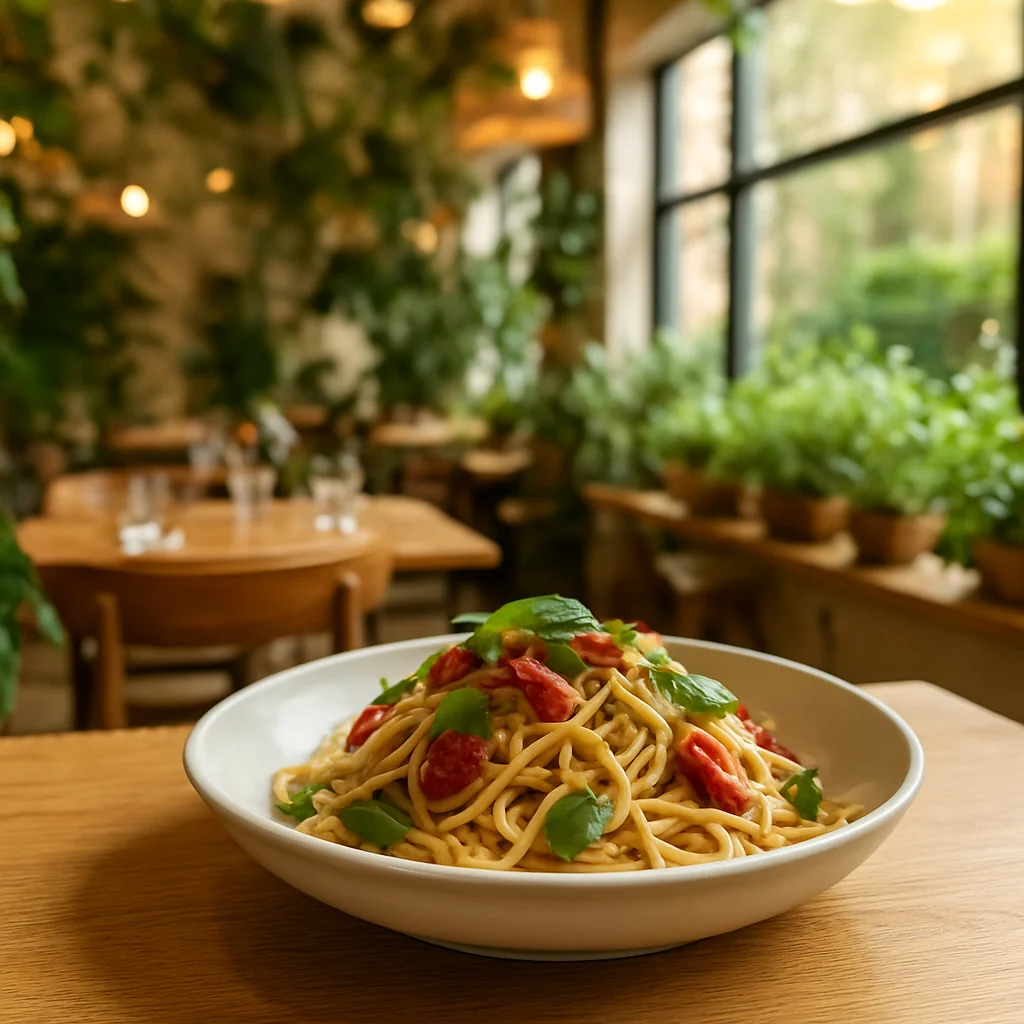 Urban restaurant with a serene, green atmosphere