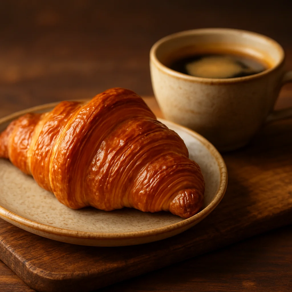 Perfecte croissant met boterige lagen en koffie