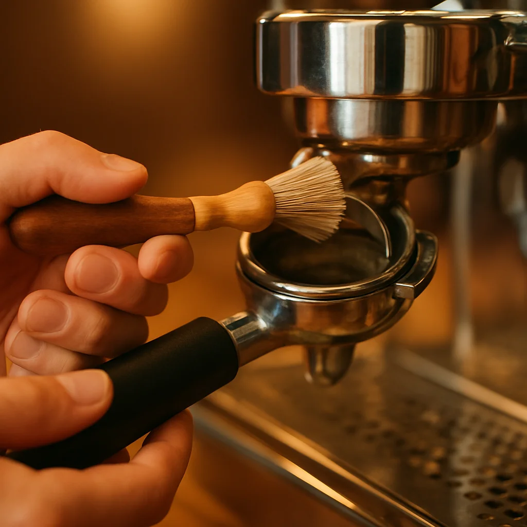 Cleaning an espresso machine group head and portafilter
