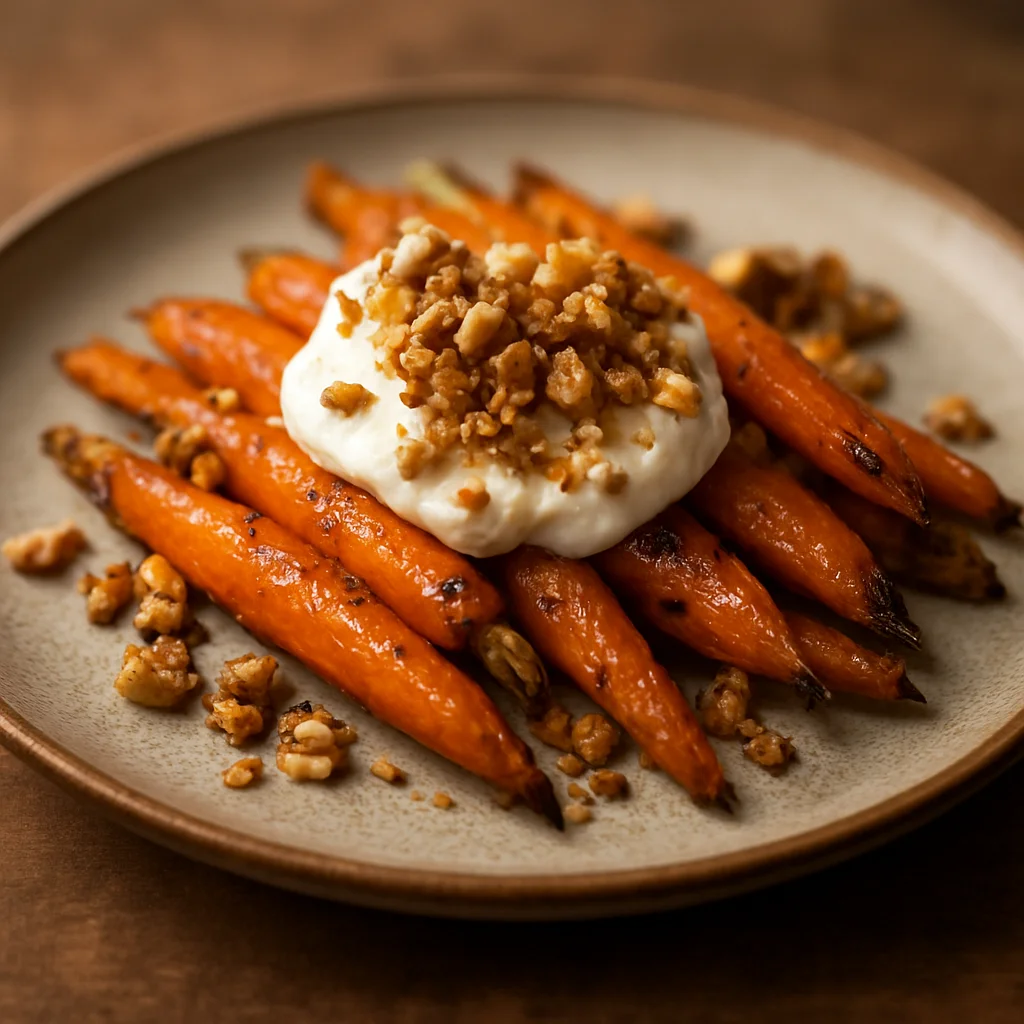 Roasted carrots with goat cheese mousse and walnut crunch
