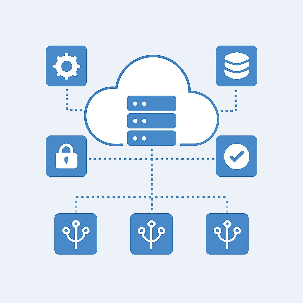 Illustration of a cloud computing environment with interconnected services and data flow, showing edge computing nodes