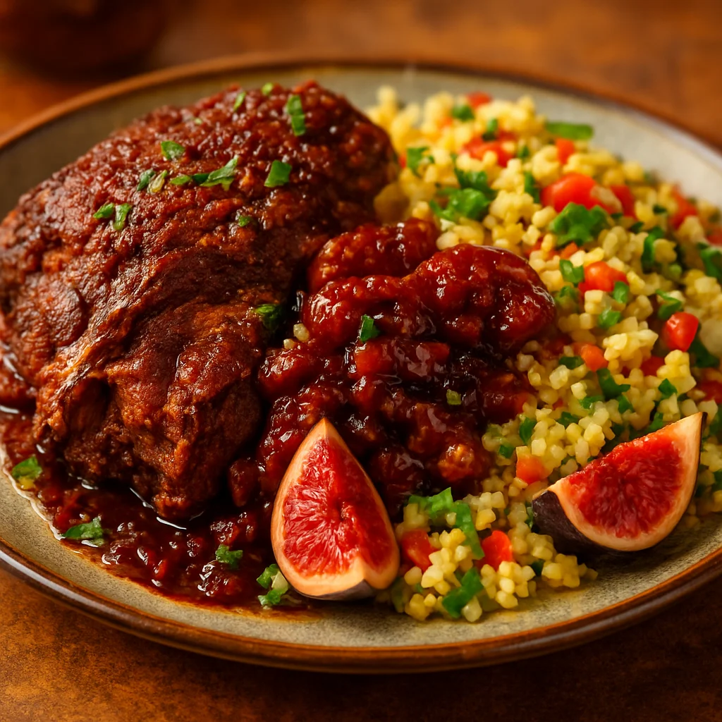 Spicy lamb shoulder with fig chutney and bulgur salad