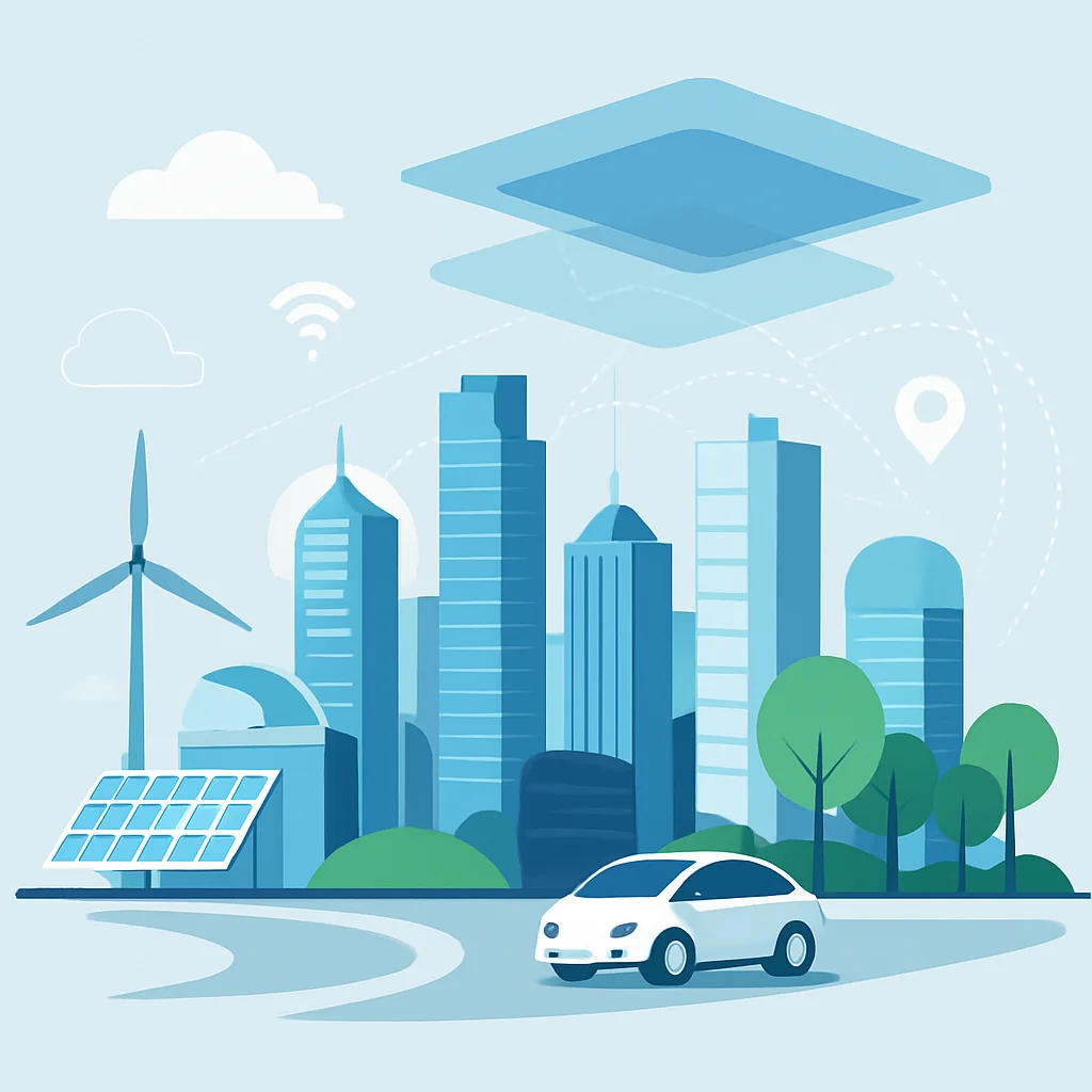 Futuristic city landscape with integrated smart technology, sustainable infrastructure, and interconnected virtual layers representing the metaverse