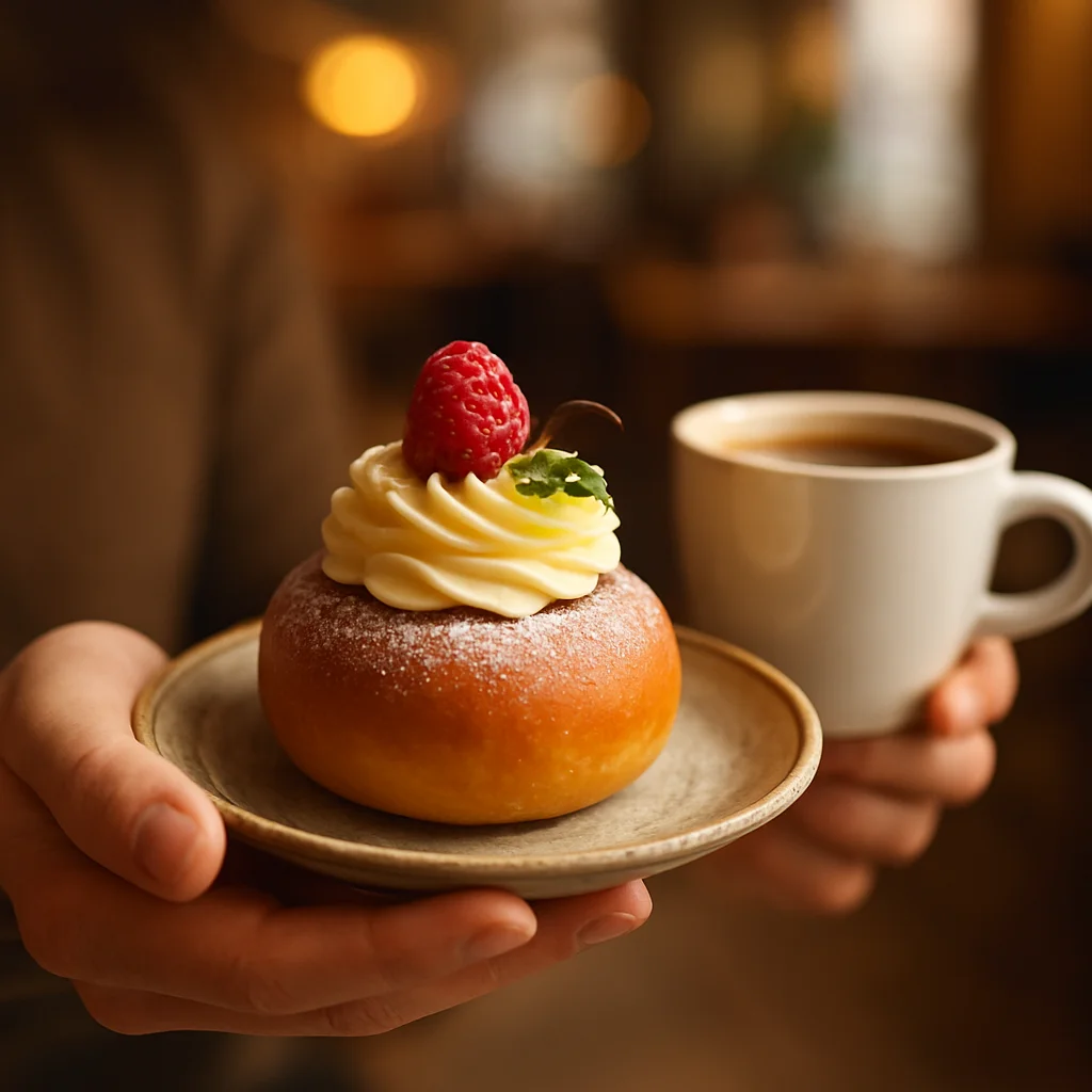 Hand met gebak en koffie in een café