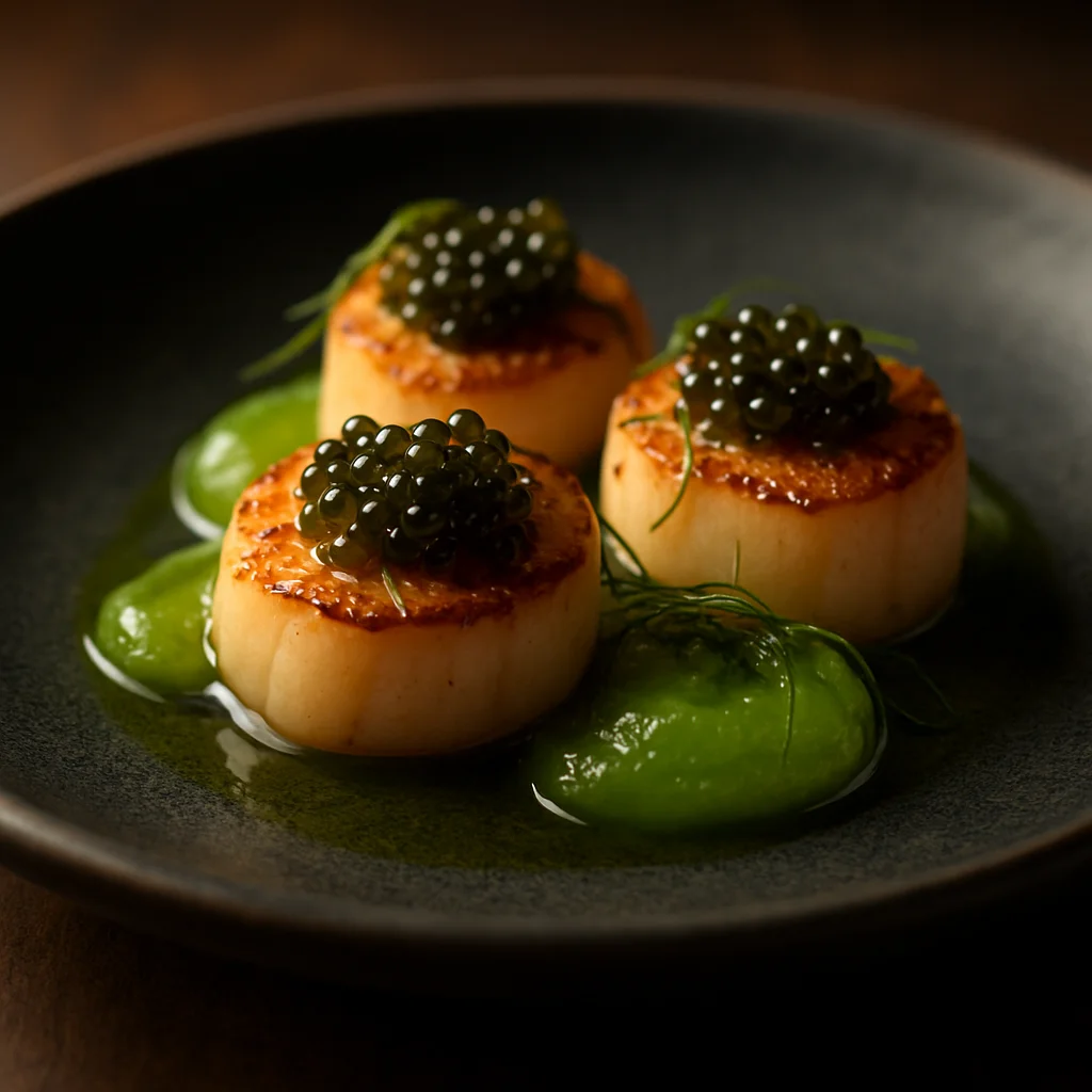 Cured scallops with seaweed caviar and cucumber gel
