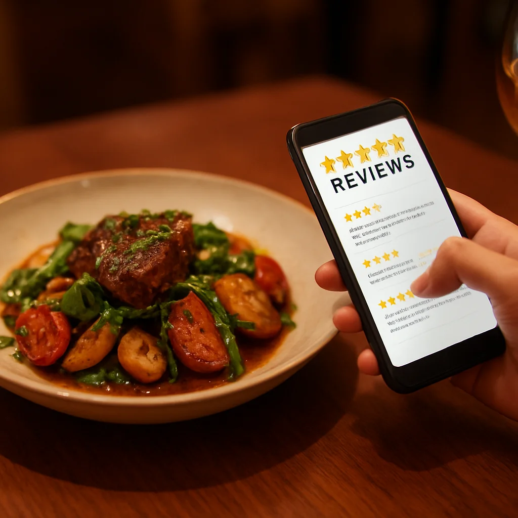 Persoon die restaurantrecensies leest op telefoon