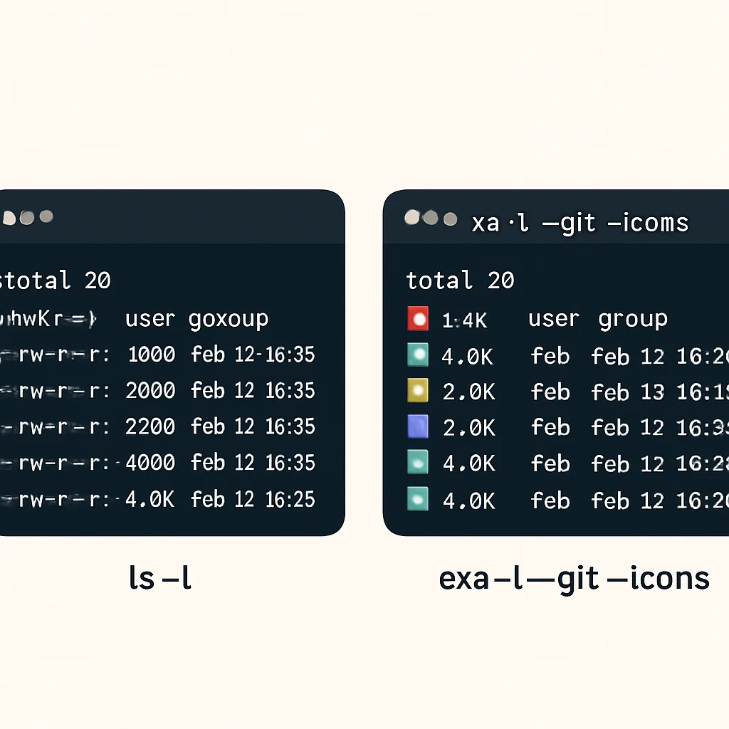 Comparison of 'ls -l' and 'exa -l --git --icons' outputs