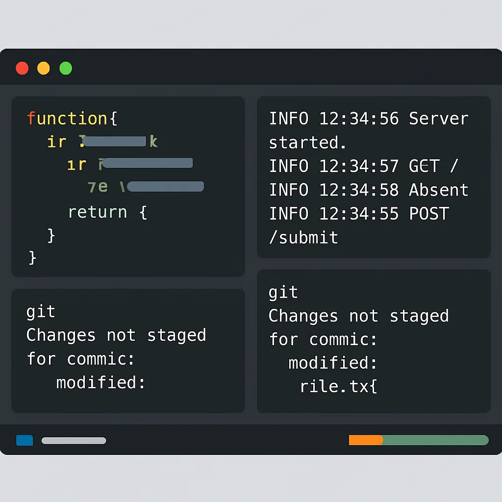 tmux session with multiple panes for coding, logging, and Git, showing a custom status bar