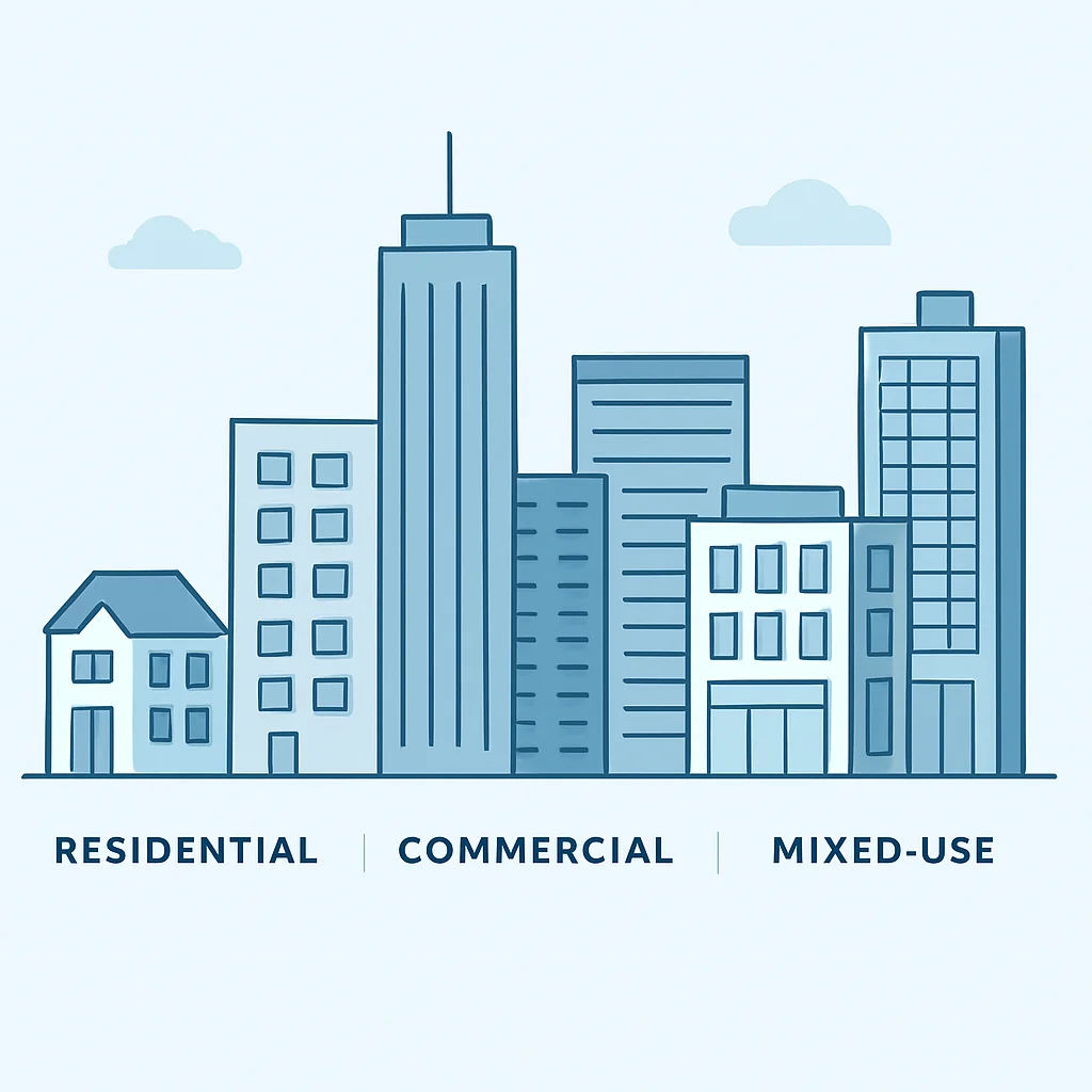 Diverse vastgoedmarkt in 2026 met residentiële, commerciële en gemengde gebouwen