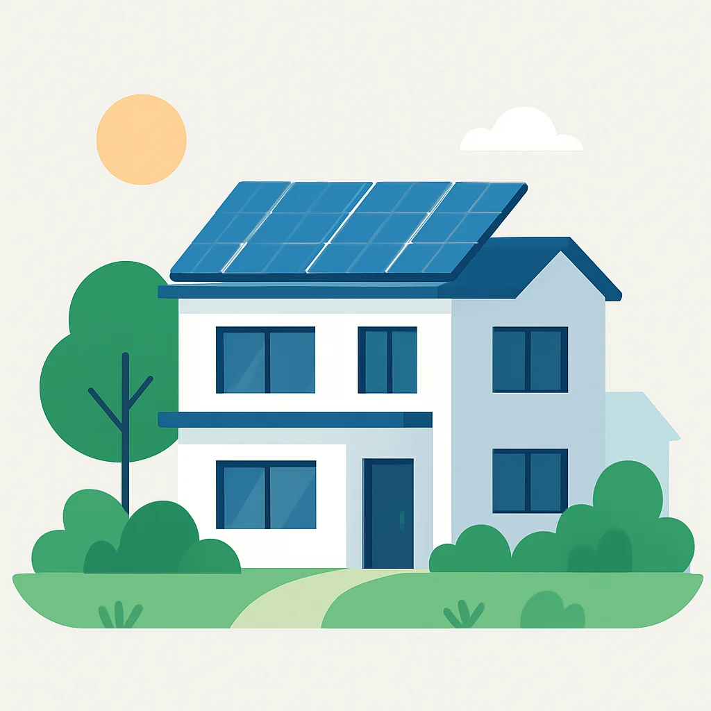 Modern, energiezuinig woongebouw met zonnepanelen en groene omgeving