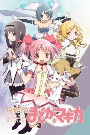 Madoka Kaname en Homura Akemi staand in een surrealistische heksenwereld, met Kyubey op de voorgrond.