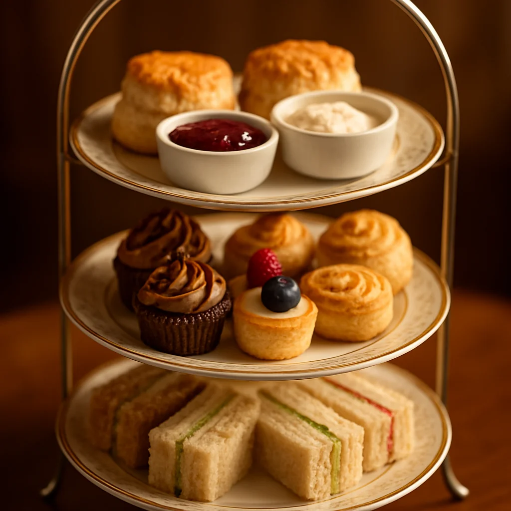 Elegante high tea schaal met scones, sandwiches en gebakjes