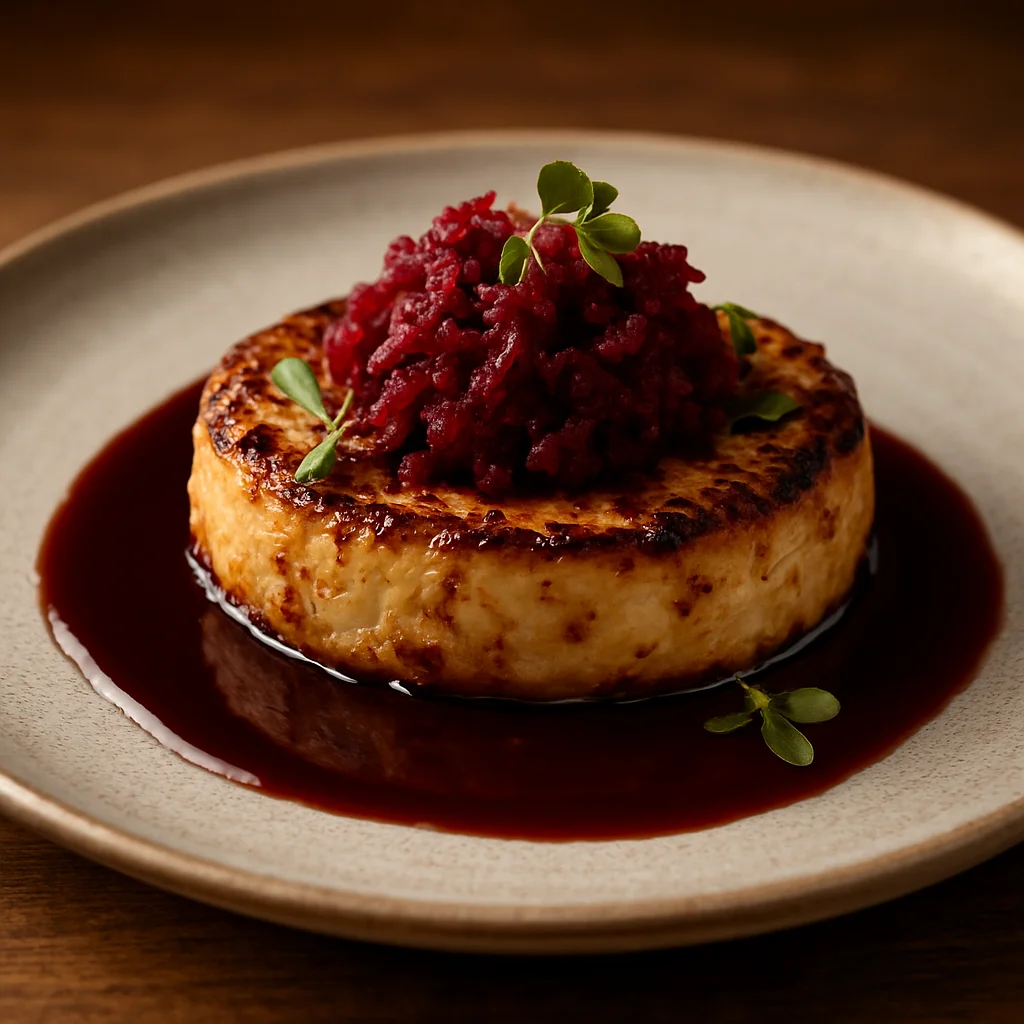 Gourmet roasted celeriac steak with sauce and beet