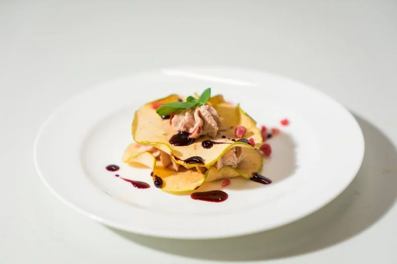 Appetizer with smoked eel, apple, and horseradish