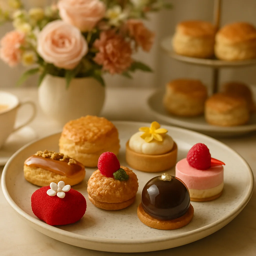 Moderne high tea met bloemdecoraties en unieke gebakjes