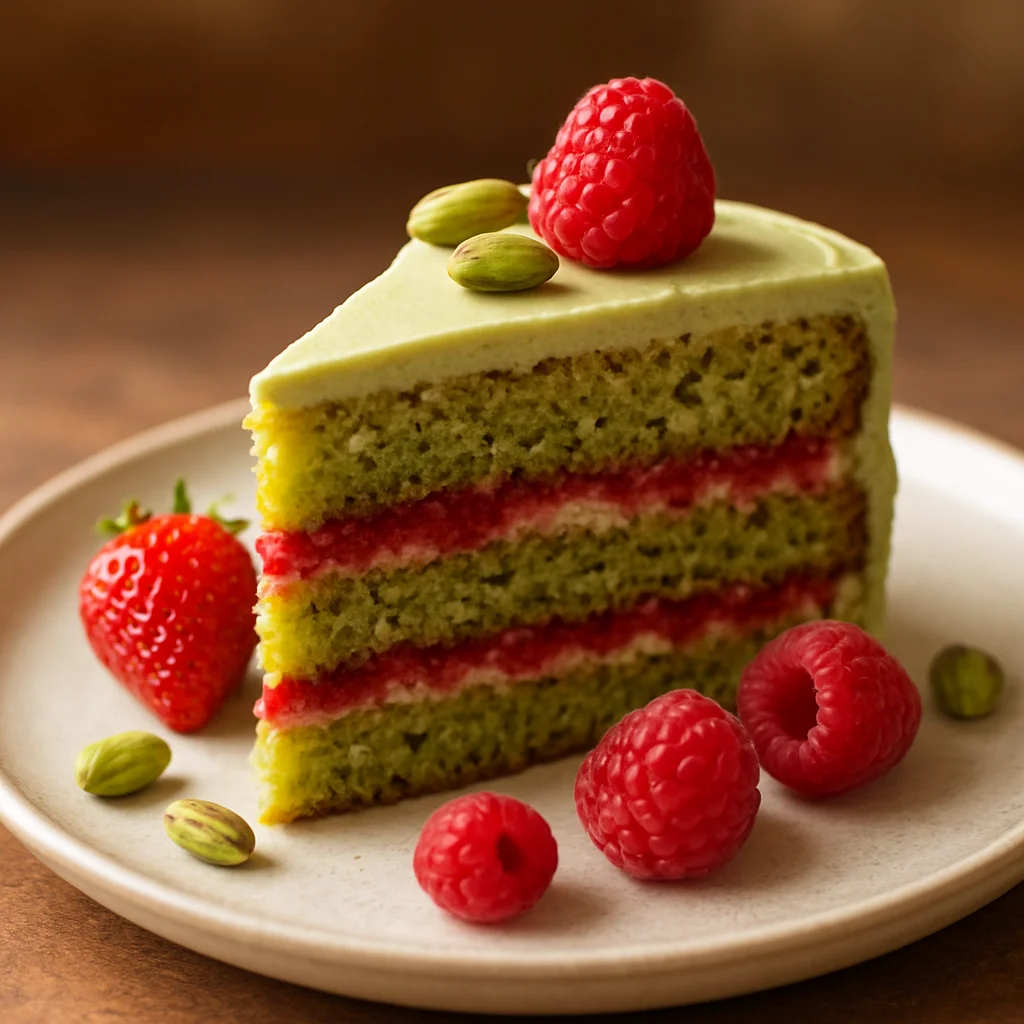 Gourmet vegan pistachio raspberry cake