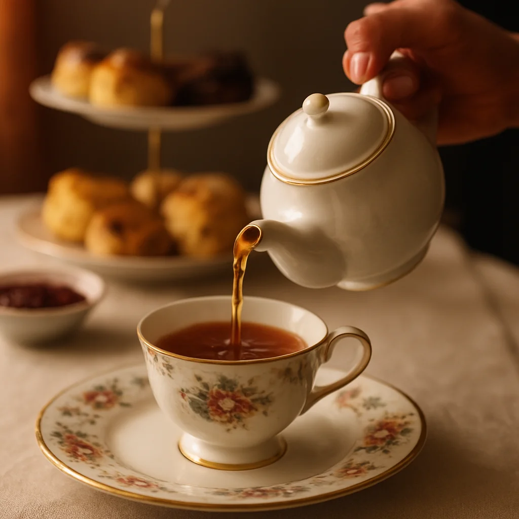 Persoon schenkt thee in een delicate theekop tijdens high tea