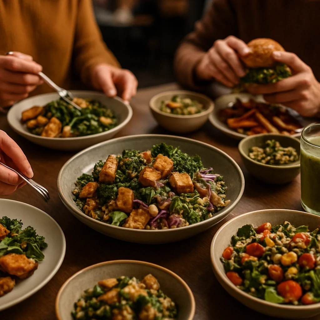 Diners enjoying plant-based food in a lively restaurant setting