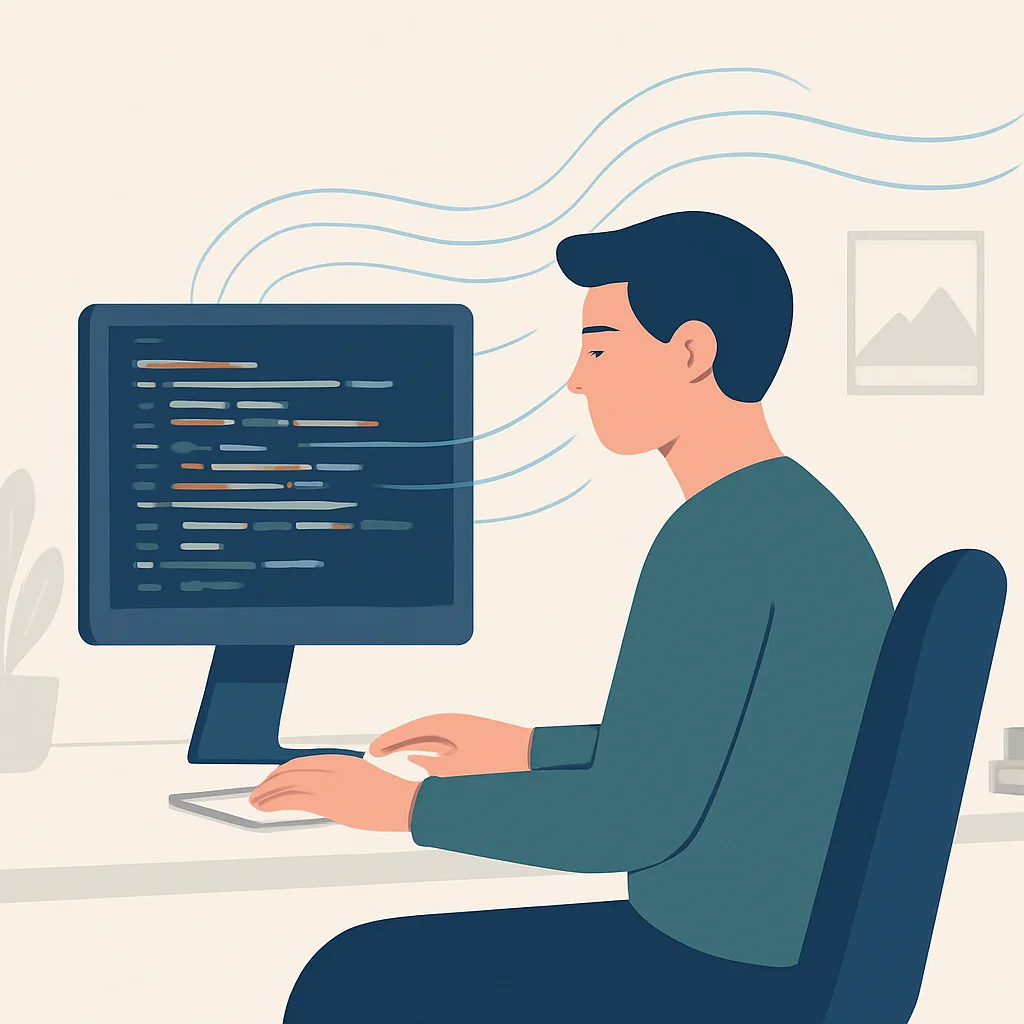 Developer in flow state while coding with intense focus