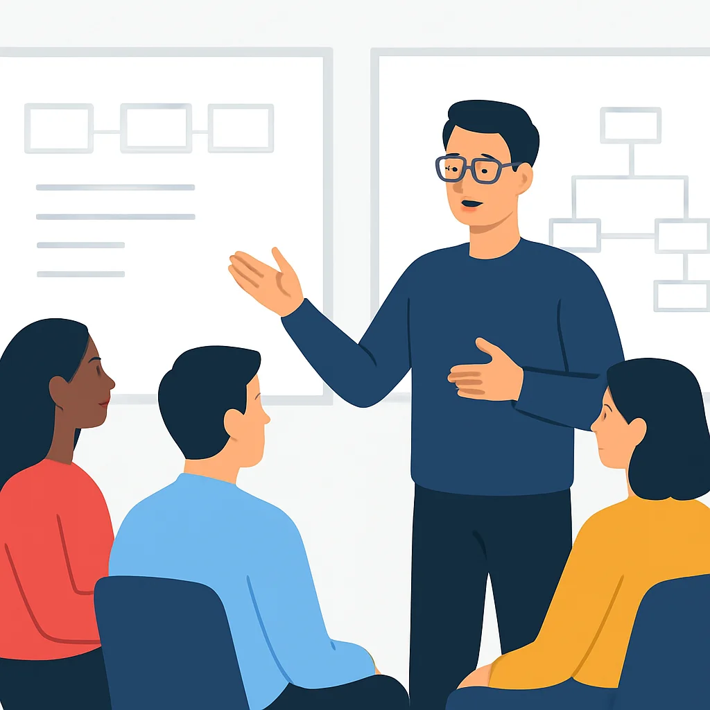 Lead developer facilitating a team meeting