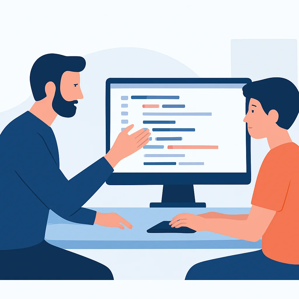 Medior developer mentoring a junior developer