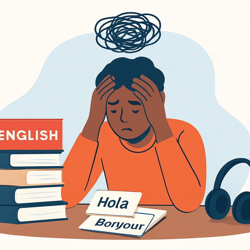 Overwhelmed language learner at a desk
