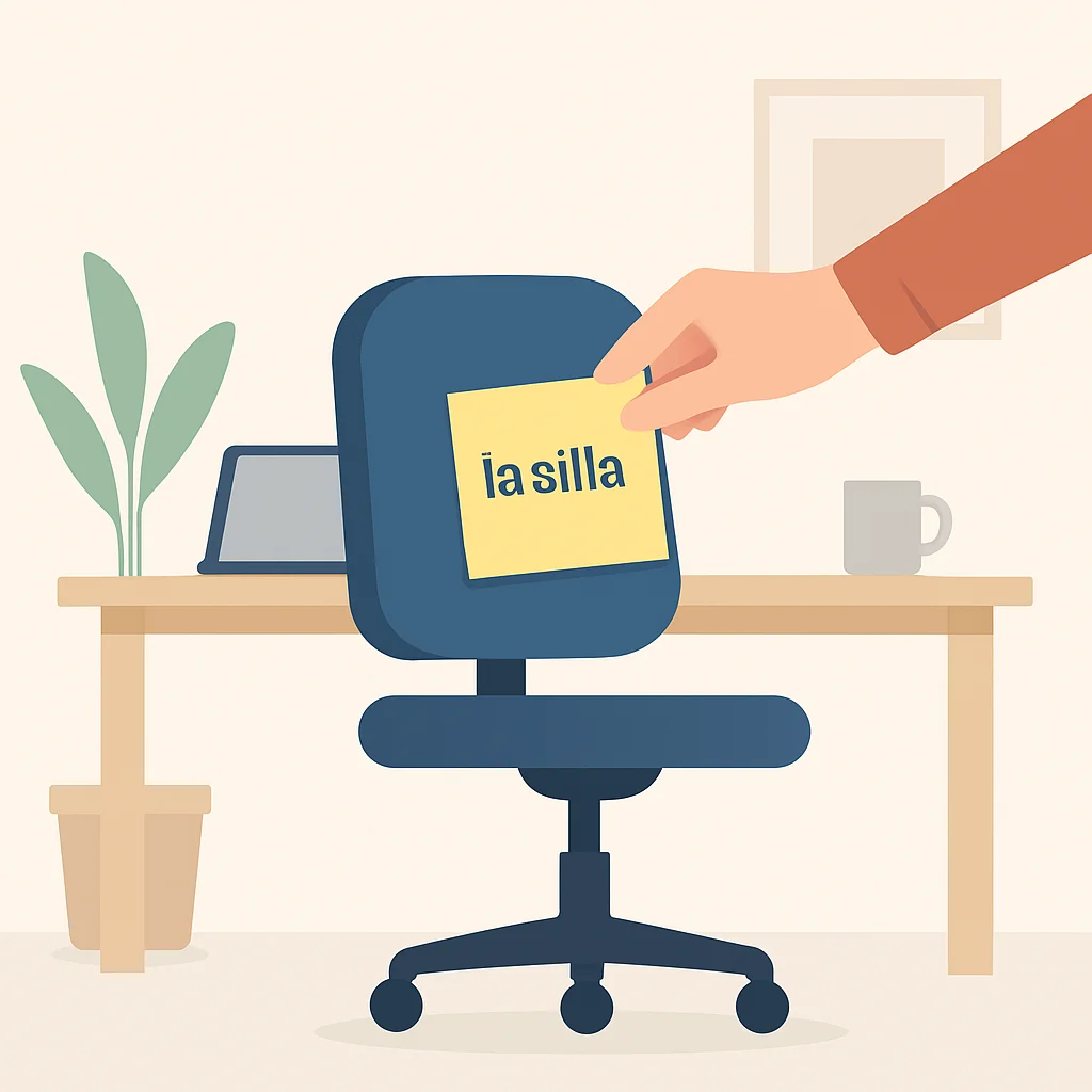 Hand labeling a chair with a Spanish word sticky note