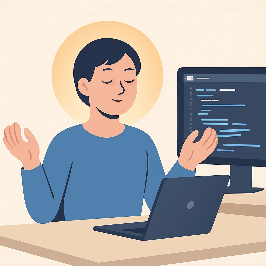 Developer practicing 3-minute breath space meditation at desk
