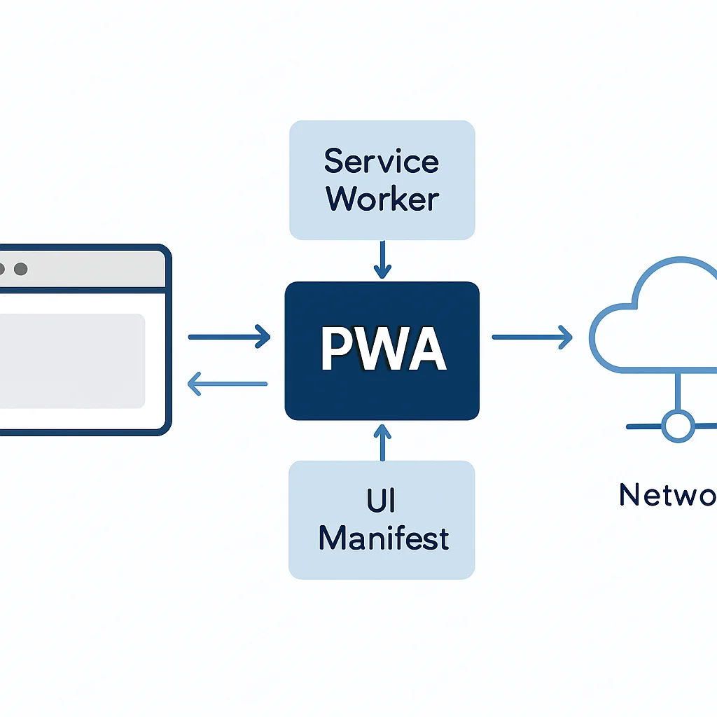PWA architecture diagram with Service Worker and Web Manifest