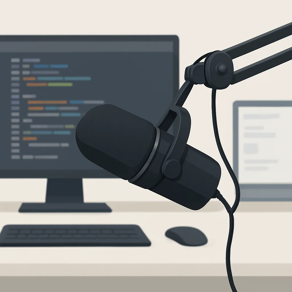 Close-up van een robuuste microfoon op een boomarm in een developer setup