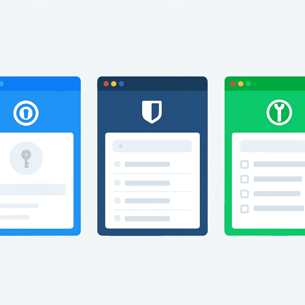 User interfaces of 1Password, Bitwarden, and KeePassXC side-by-side for comparison