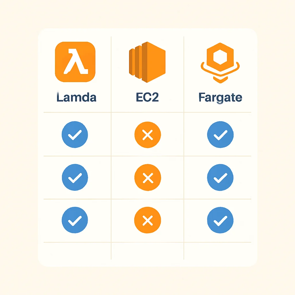 AWS Compute Options Comparison Table: Lambda, EC2, Fargate