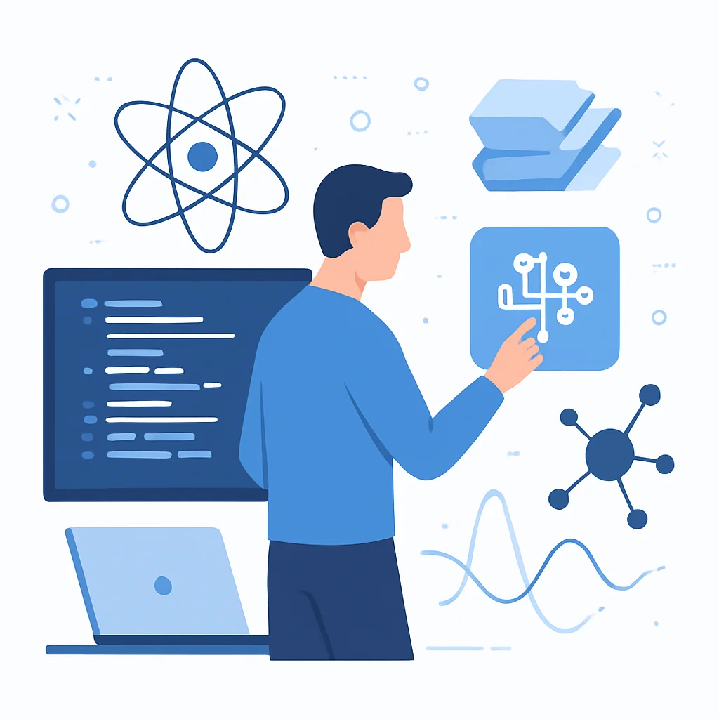 Developer interacting with quantum algorithms and qubits