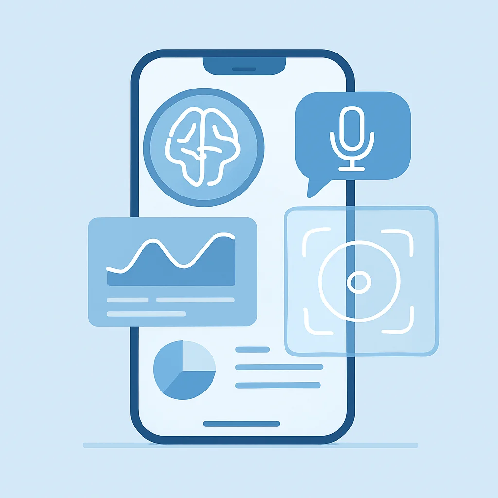 Futuristic mobile app UI with AI personalization and AR integration
