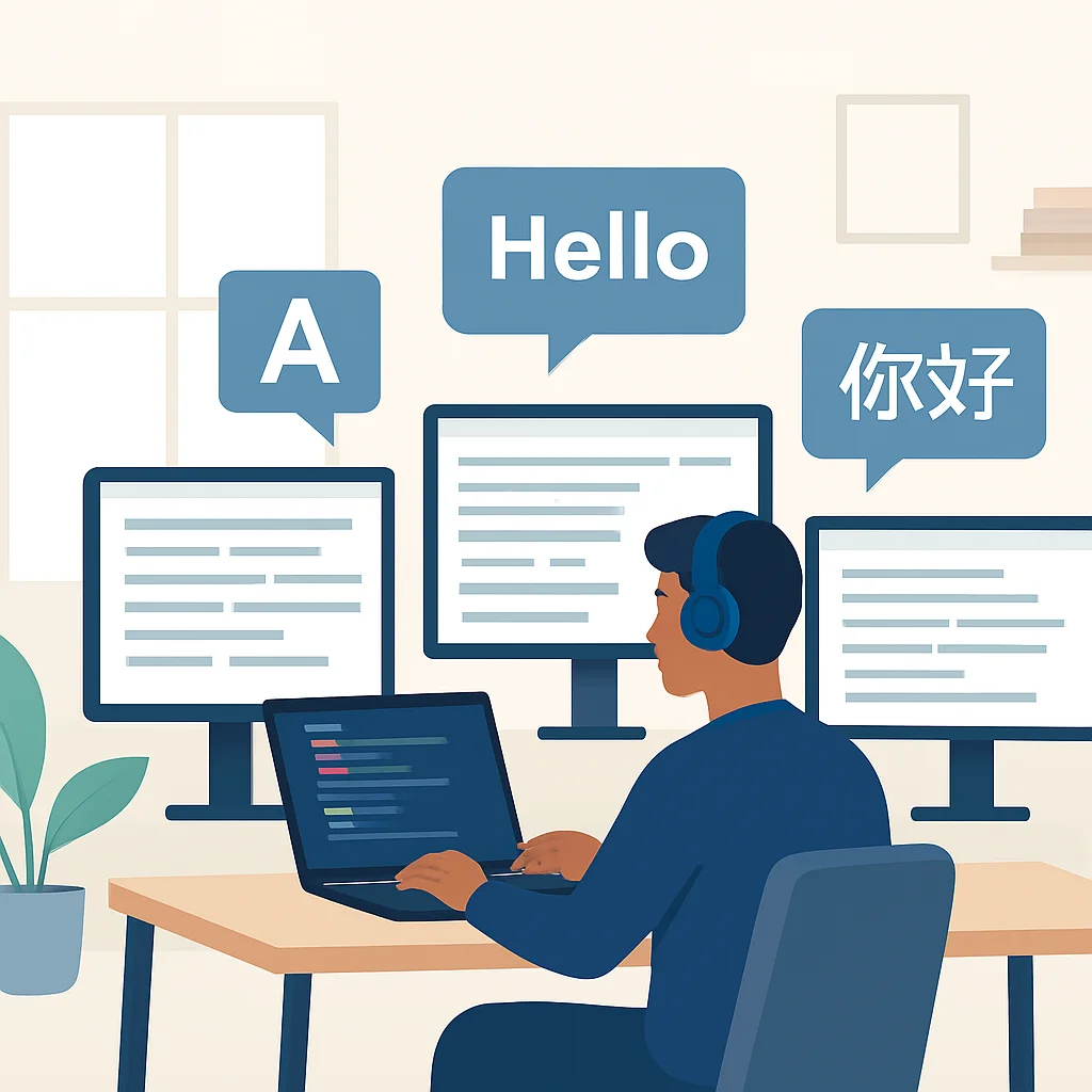 Remote developer immersed in multiple languages on screen