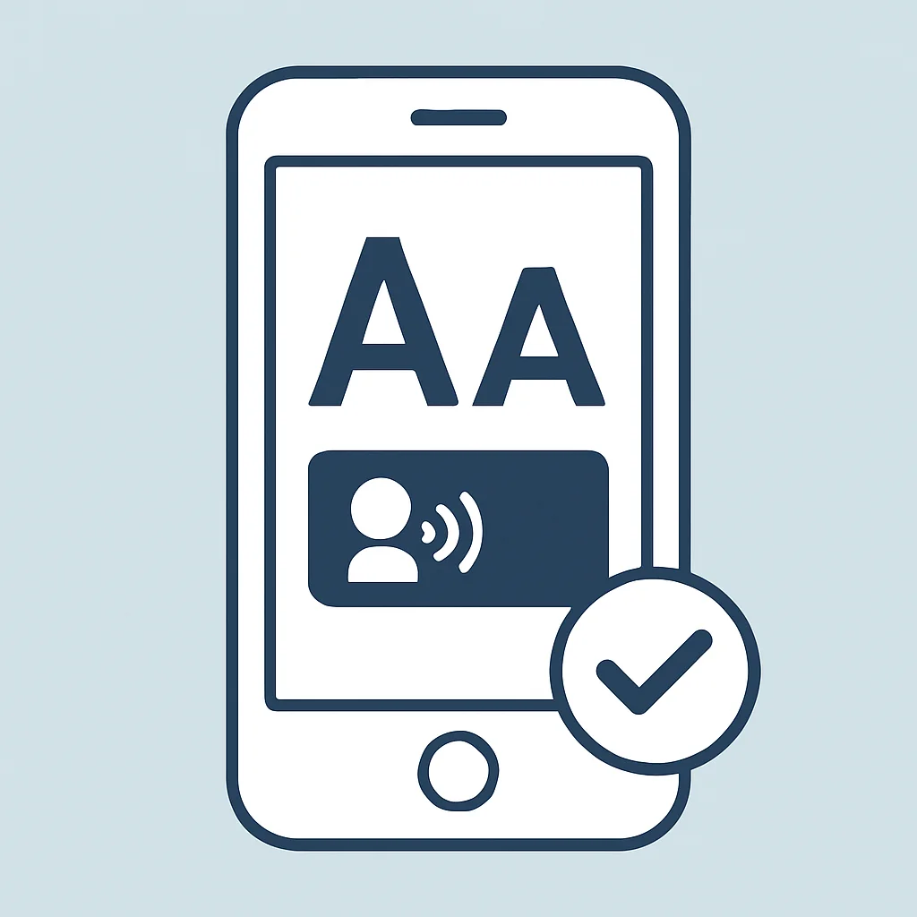Mobile app screen demonstrating accessibility features like high contrast, large text, and screen reader icon