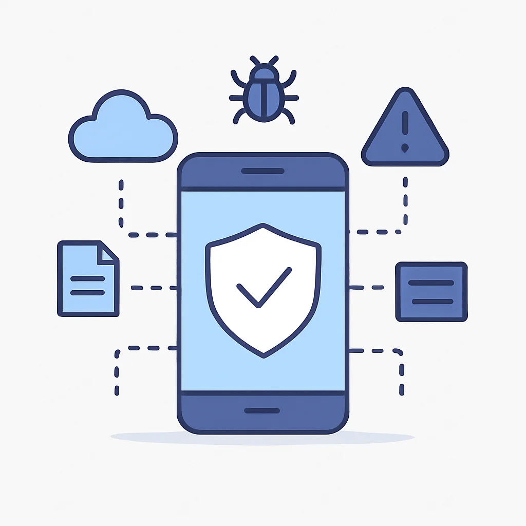 Mobile app security conceptual illustration with shield and data flows