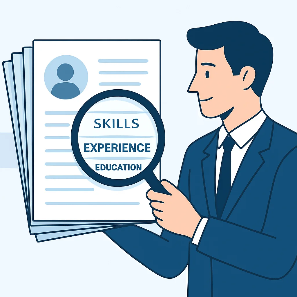 Recruiter reviewing resumes with keywords