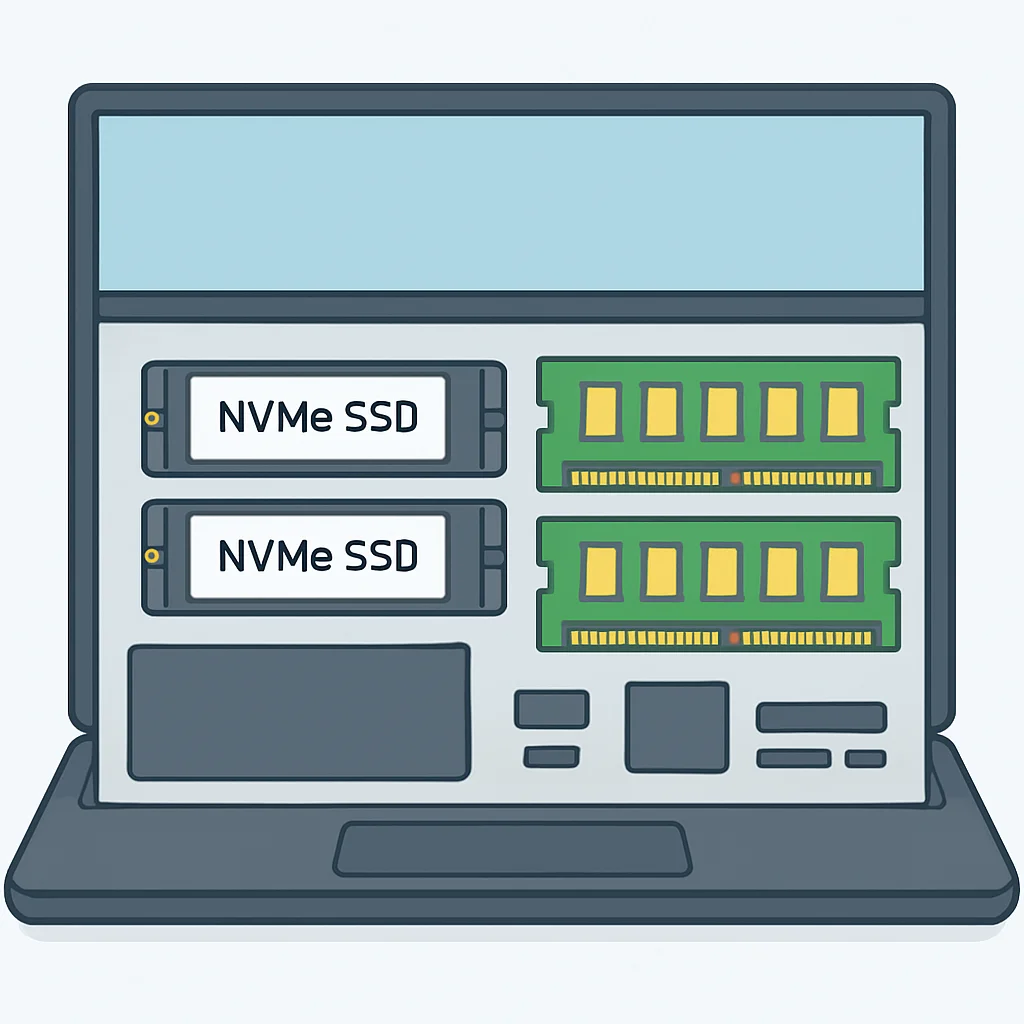 Laptop internal components with SSD and RAM